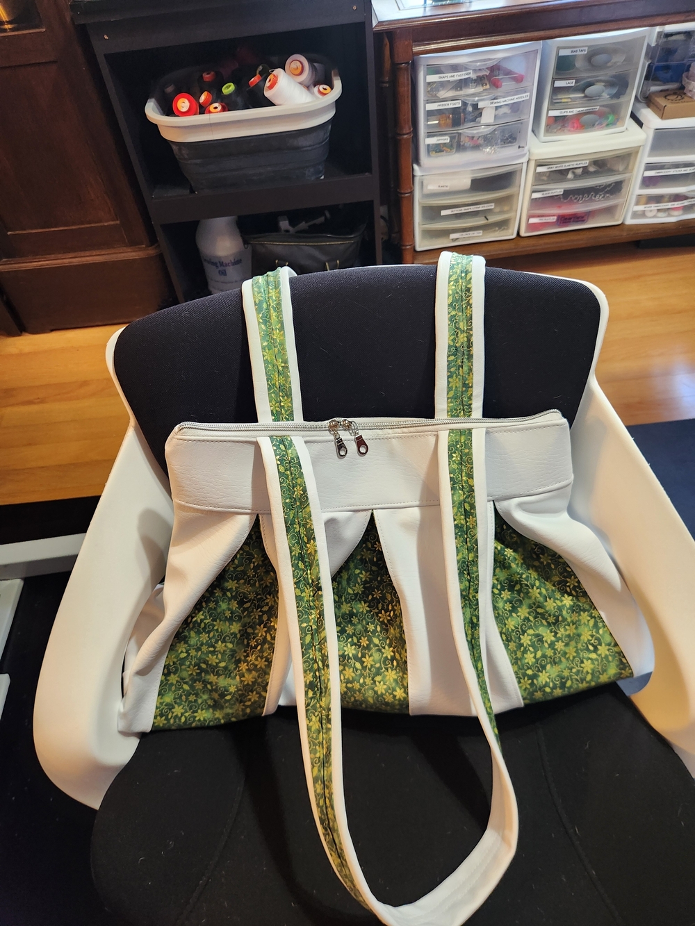 White Tote Bag with Green Floral Panels and Trim